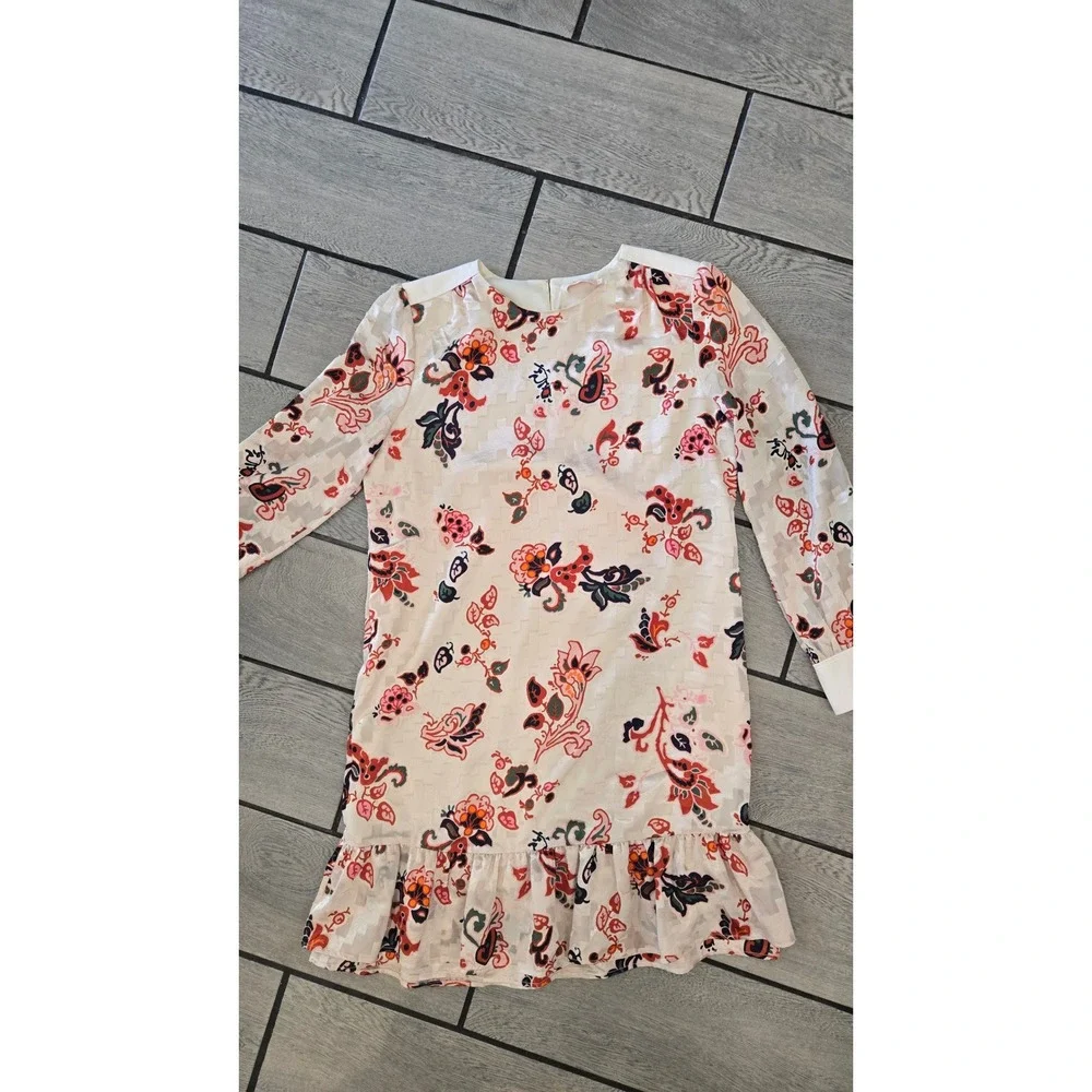 Tory Burch Cream Floral Devore Burnout Ruffle Mini Dress Size 8 Long Sleeve